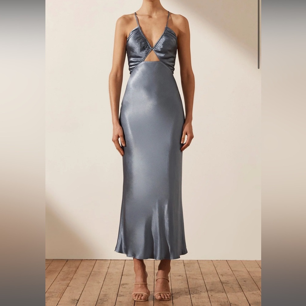 Shona Joy - La Lune Ruched Bodice Midi Dress - Blue Smoke - Size US 4